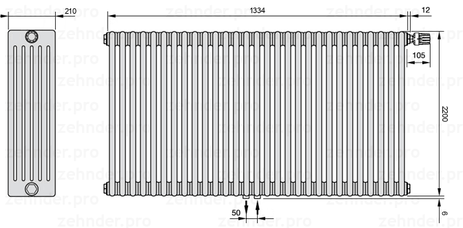 Схема (чертеж) Радиатор Zehnder Charleston 6220/29 №V008 Белый глянцевый RAL 9016